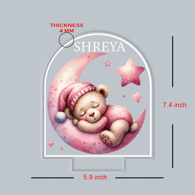 Personalized Sleeping Teddy on Moon Design, Custom with Name Warm White Light Kids Room Bedside Desk Table Lamp Return Gift for Kids